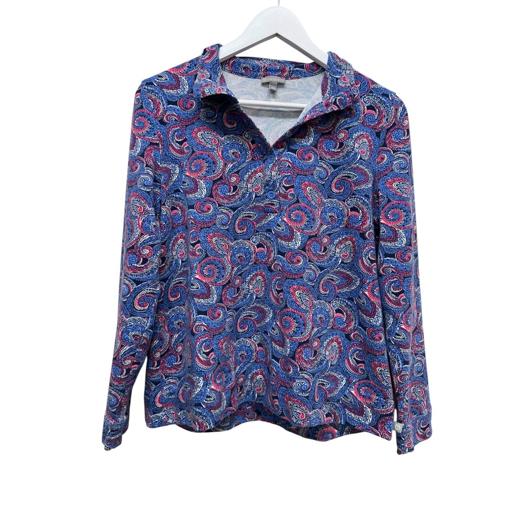 T by Talbots Women Petite Large Paisley French Terry Long Sleeve Polo Henley Top